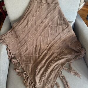 Cable-Knit Fringe Poncho Sweater - Taupe